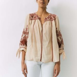 Johnny Was Vintage Josiane Peasant Blouse - Beige - Size Medium - Embroidery